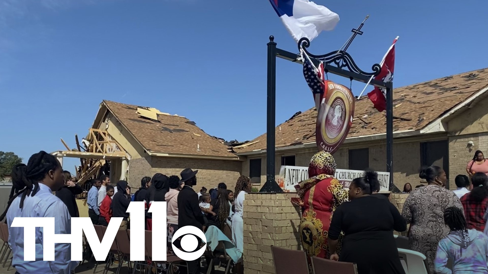 After Jacksonville's New Commandment Church of God in Christ was destroyed in Friday's tornado, the congregation still praised God on Sunday outside their church.