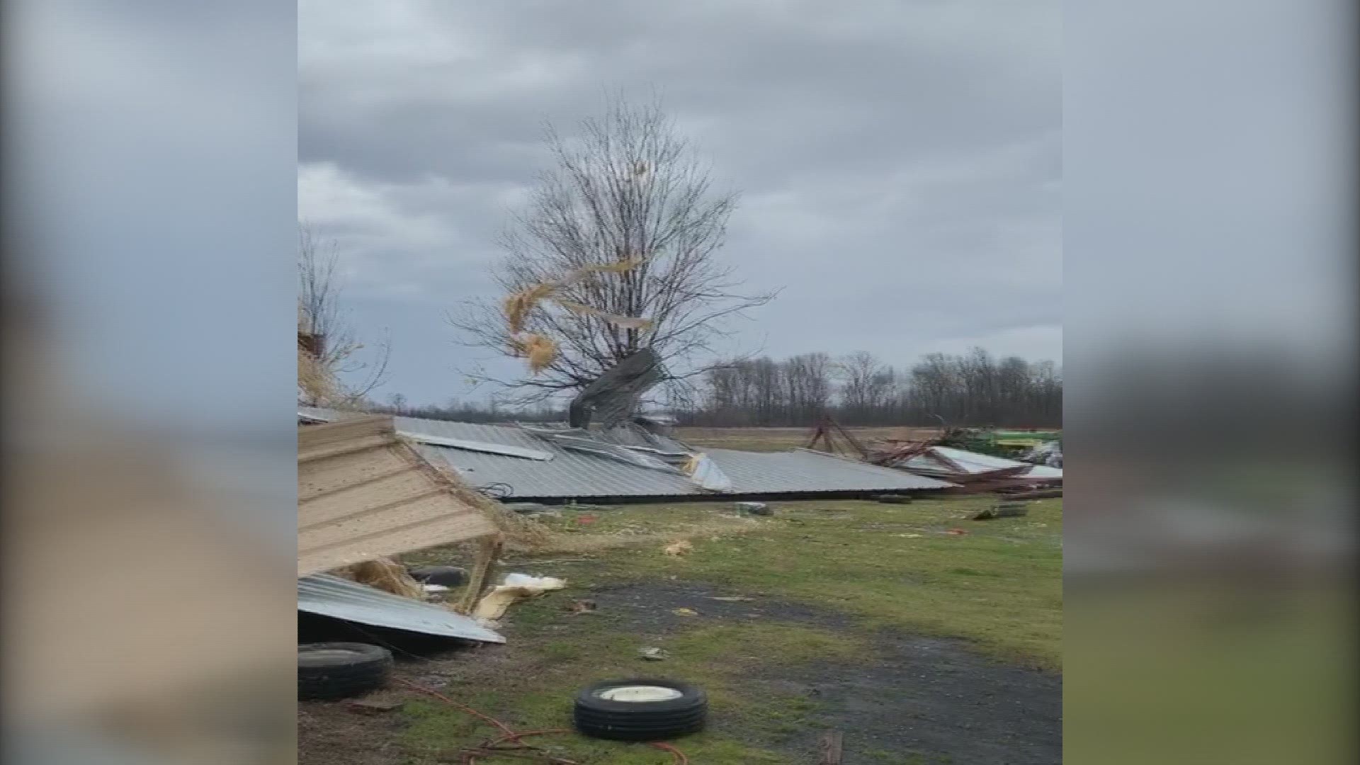 Weather damage to shop near south of Carlisle, located at 381 and Skipper Lane