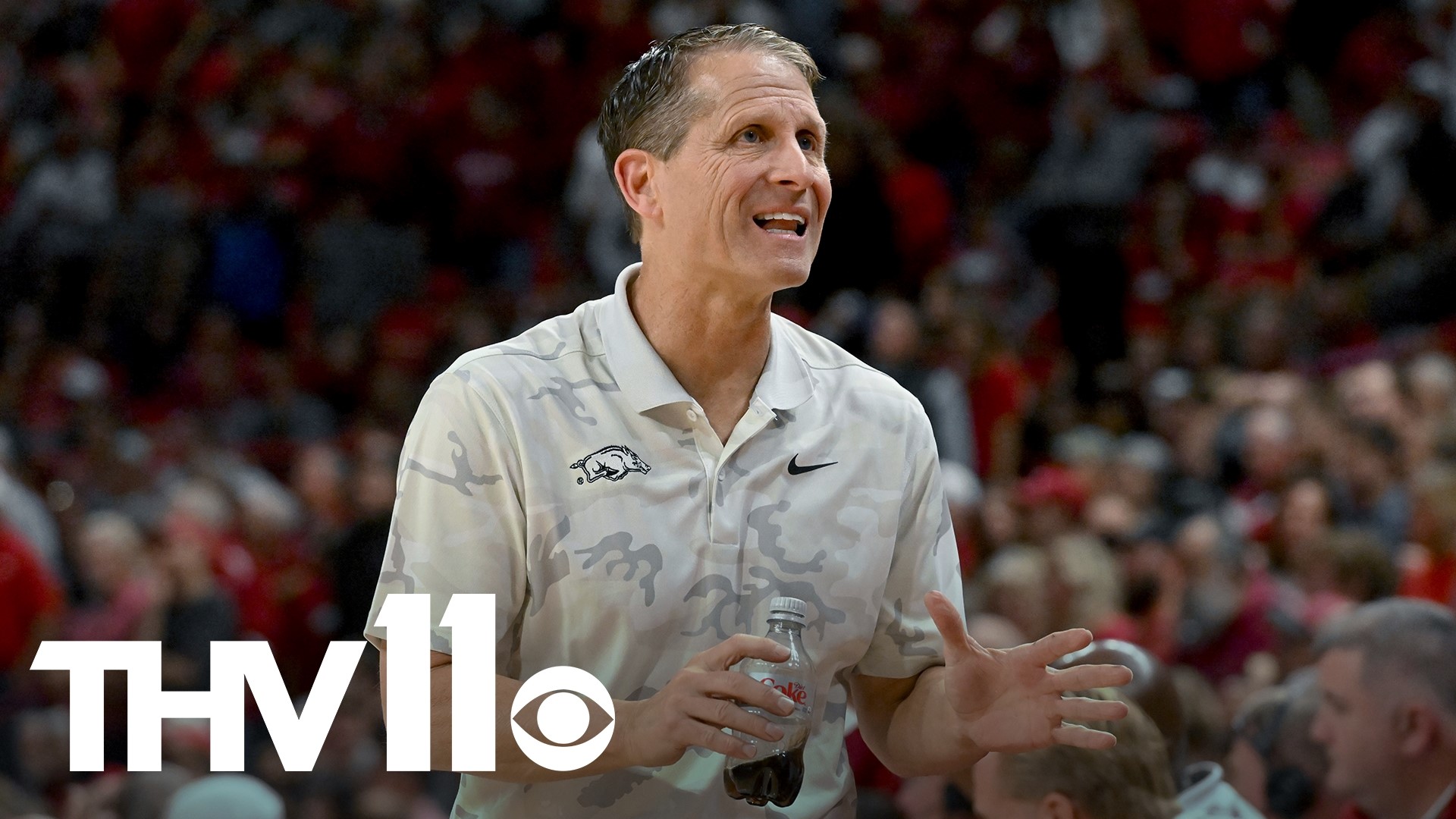 Arkansas coach Eric Musselman meets with the media following the Razorbacks' 80-75 upset over No. 7 Duke in front of a record-breaking crowd at Bud Walton Arena.