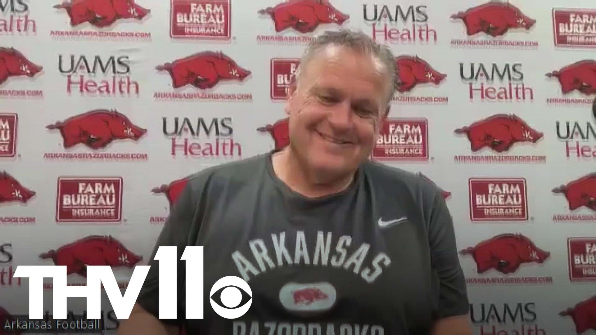 The Head Hog speaks with the media following the Arkansas win