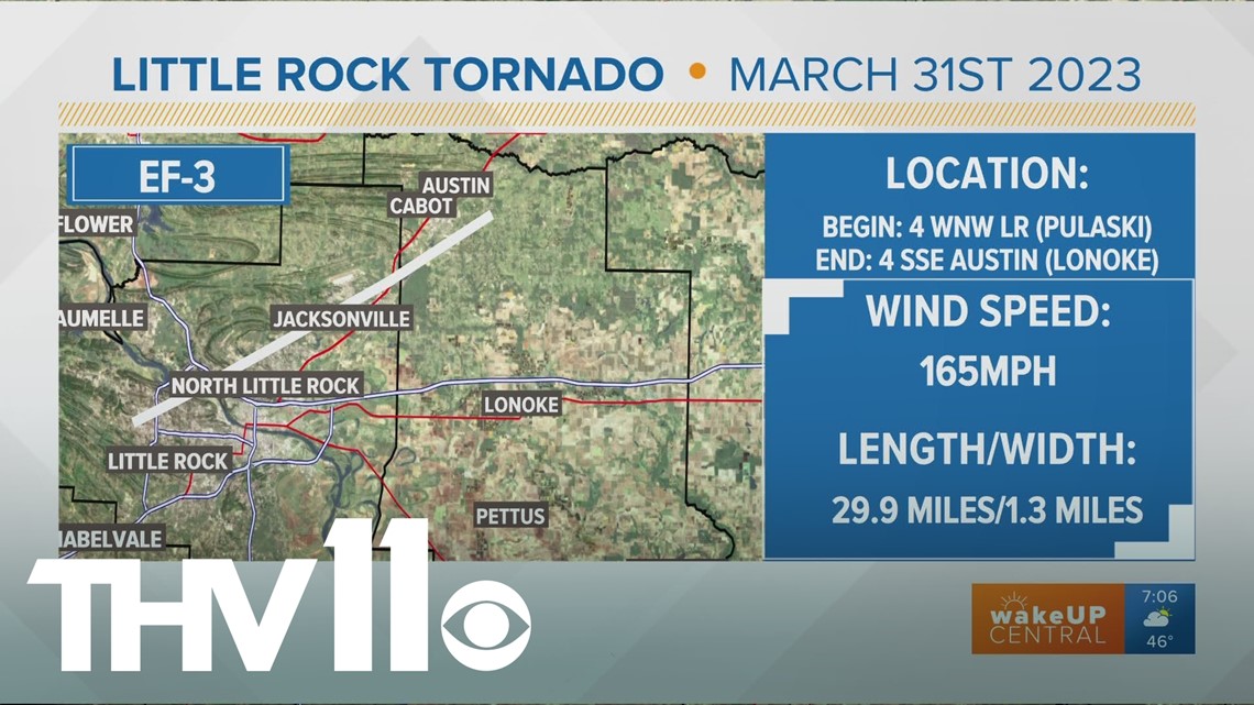 The latest path and strength of the Arkansas Rock tornado