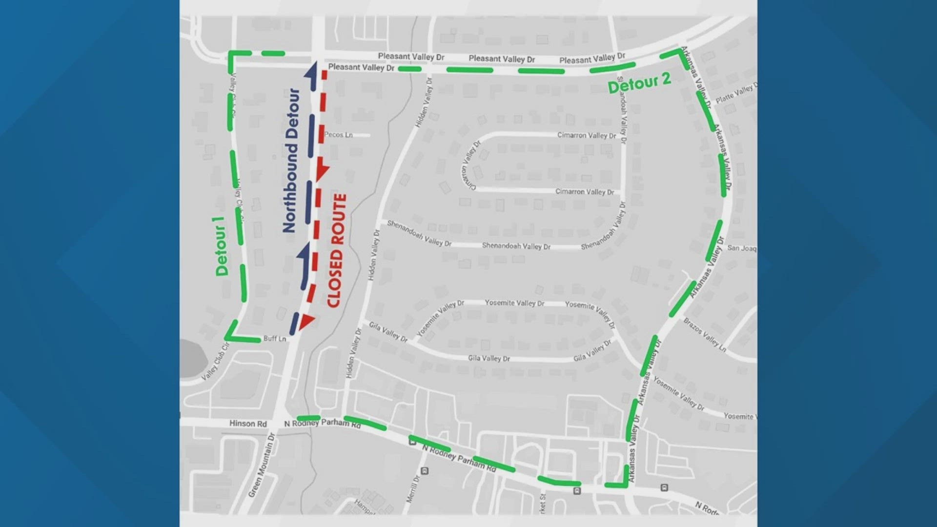 Starting Monday, August 7, the southbound lane of N. Rodney Parham Road between Buff Lane and Pleasant Valley Drive will be closed for construction for four weeks.