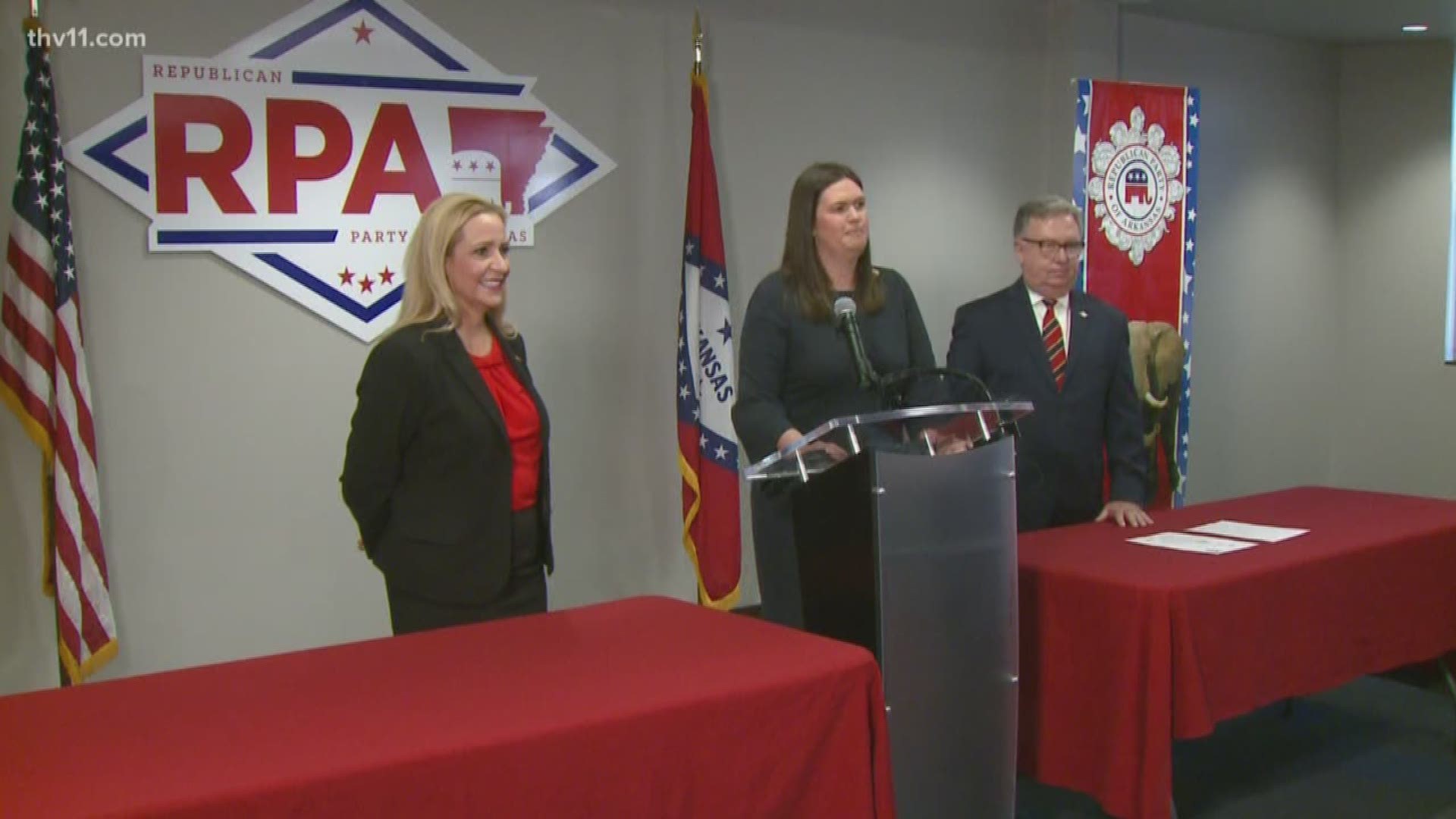 State Attorney General Leslie Rutledge and former White House Press Secretary Sarah Sanders present Trump's re-election campaign in Arkansas.