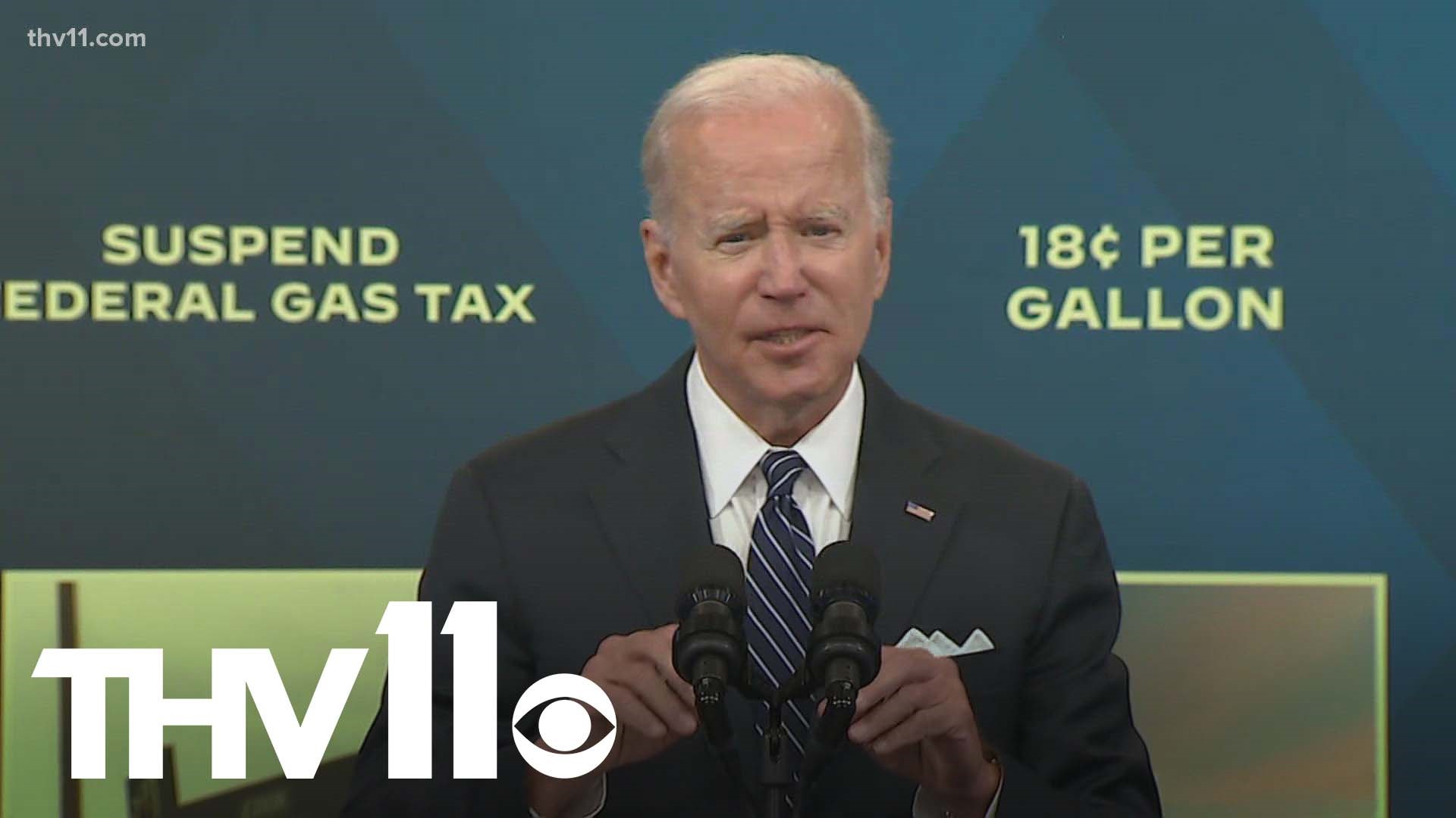 President Joe Biden on Wednesday called on Congress to suspend federal gasoline and diesel taxes for three months.
