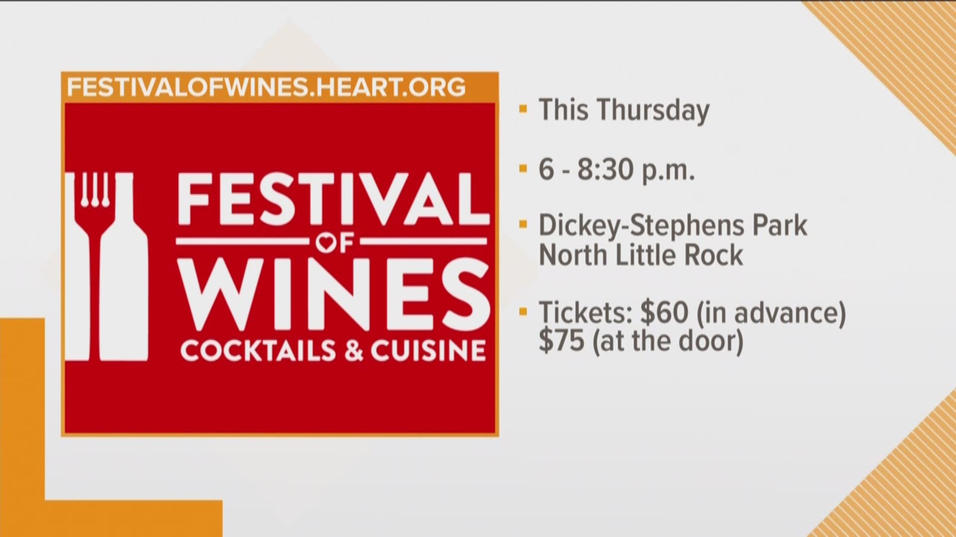 The largest wine festival in central Arkansas features foods from over 17 local restaurants with samplings of hundreds of wines from around the world, plus silent and premier auctions.