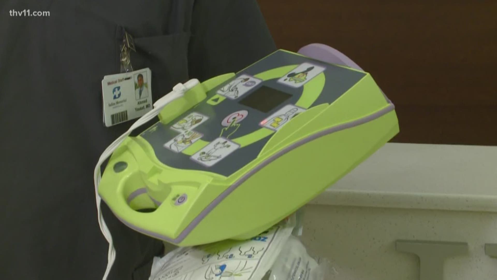 Schools in Saline County are receiving live-saving AEDs that saved one of their own three years ago.