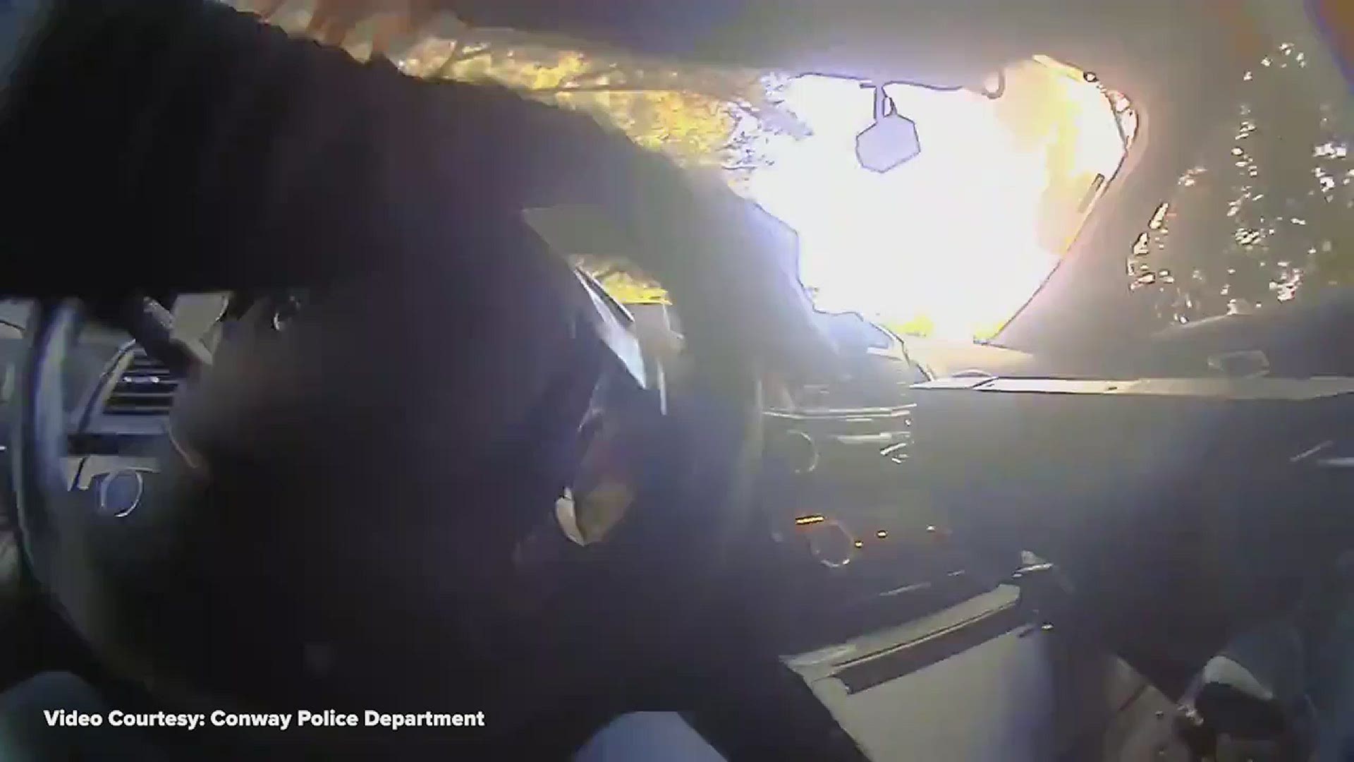 The Conway Police Department shared a video of an officer saving two people and their dog from a house fire.
