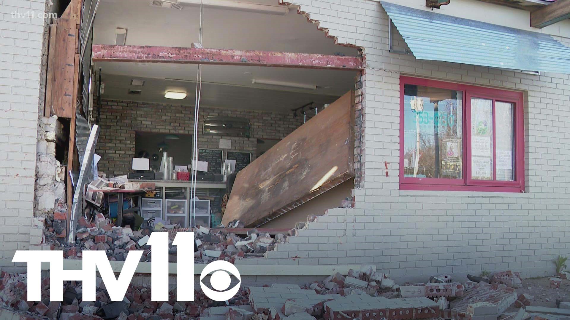 The Hubcab Burger company on Cantrell Road was hit by a truck on Wednesday. The building was empty due to staff shortages and spring break.