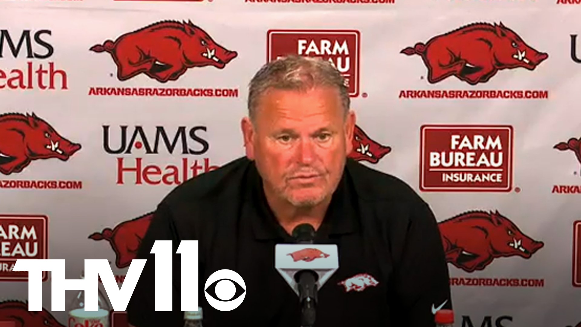 Arkansas head coach Sam Pittman previews the game against Kent State on September 9.