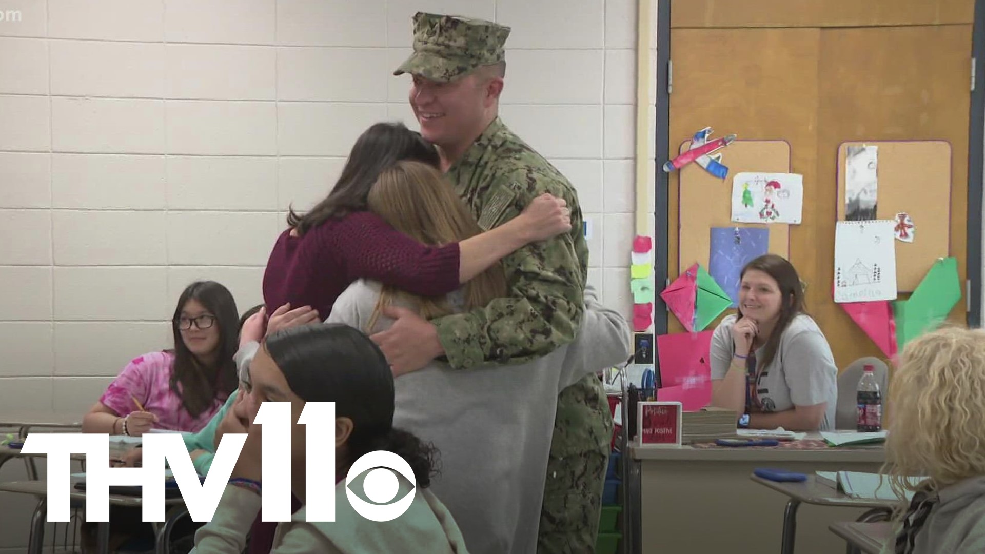 For one Searcy dad in the Navy, he's back home with his family after an emotional homecoming to surprise his daughter at school.