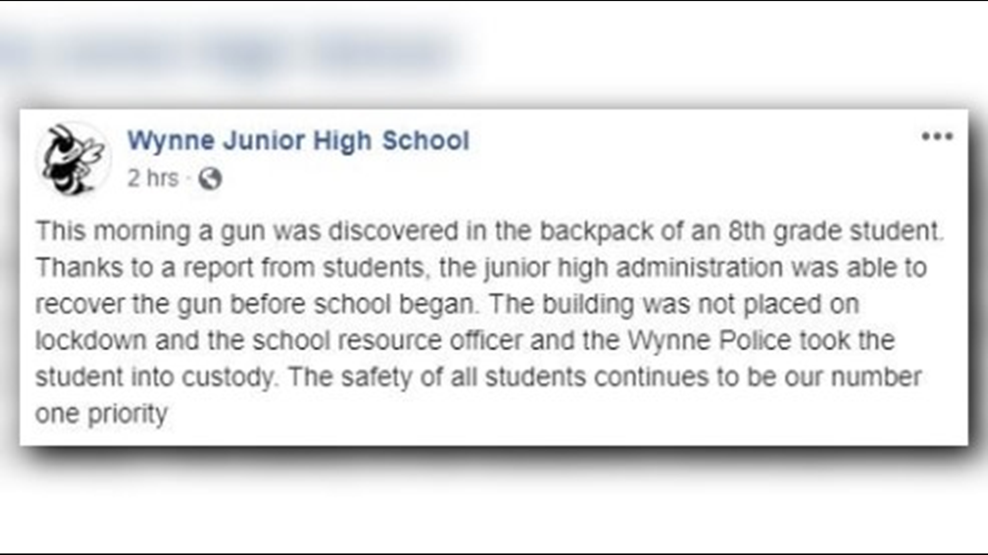 On Tuesday morning, a gun was discovered in the backpack of an 8th grade student at Wynne Junior High.