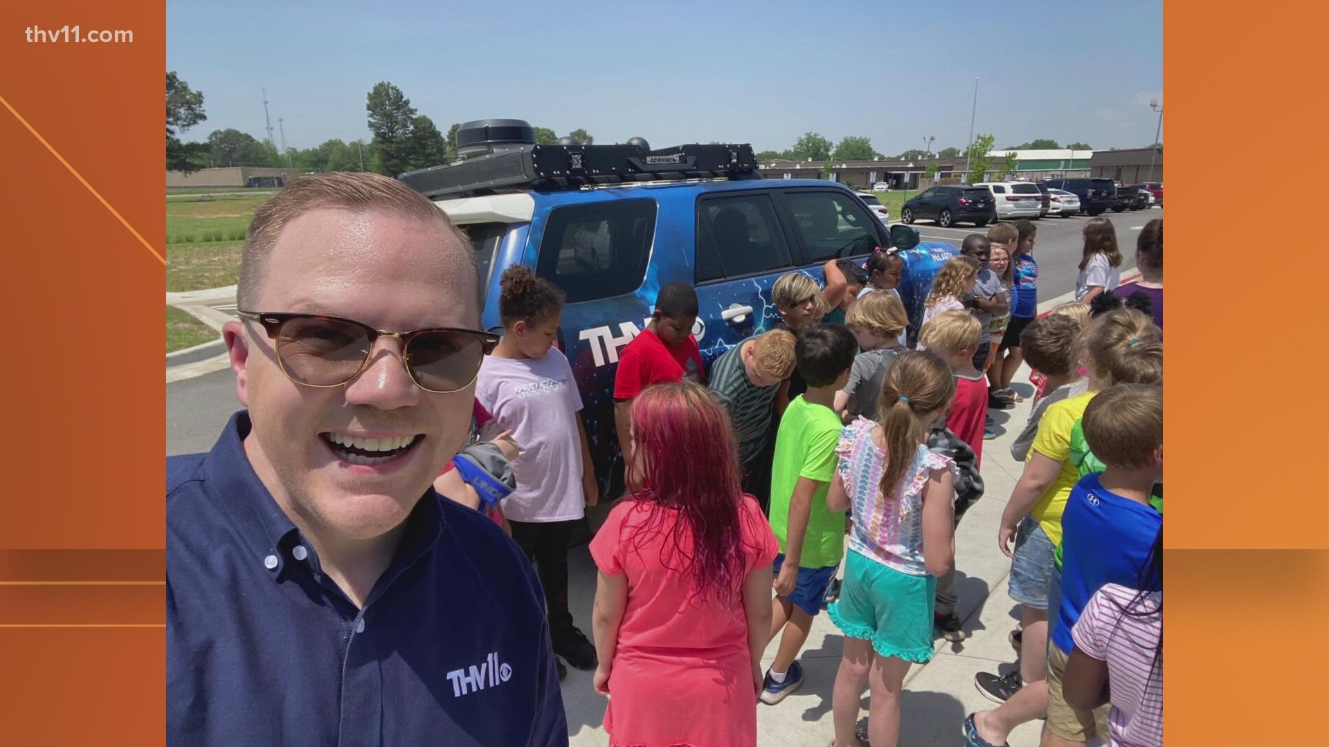 Skot visited with second graders at England Middle School about storms, weather safety and gave a tour of WeatherForce11.