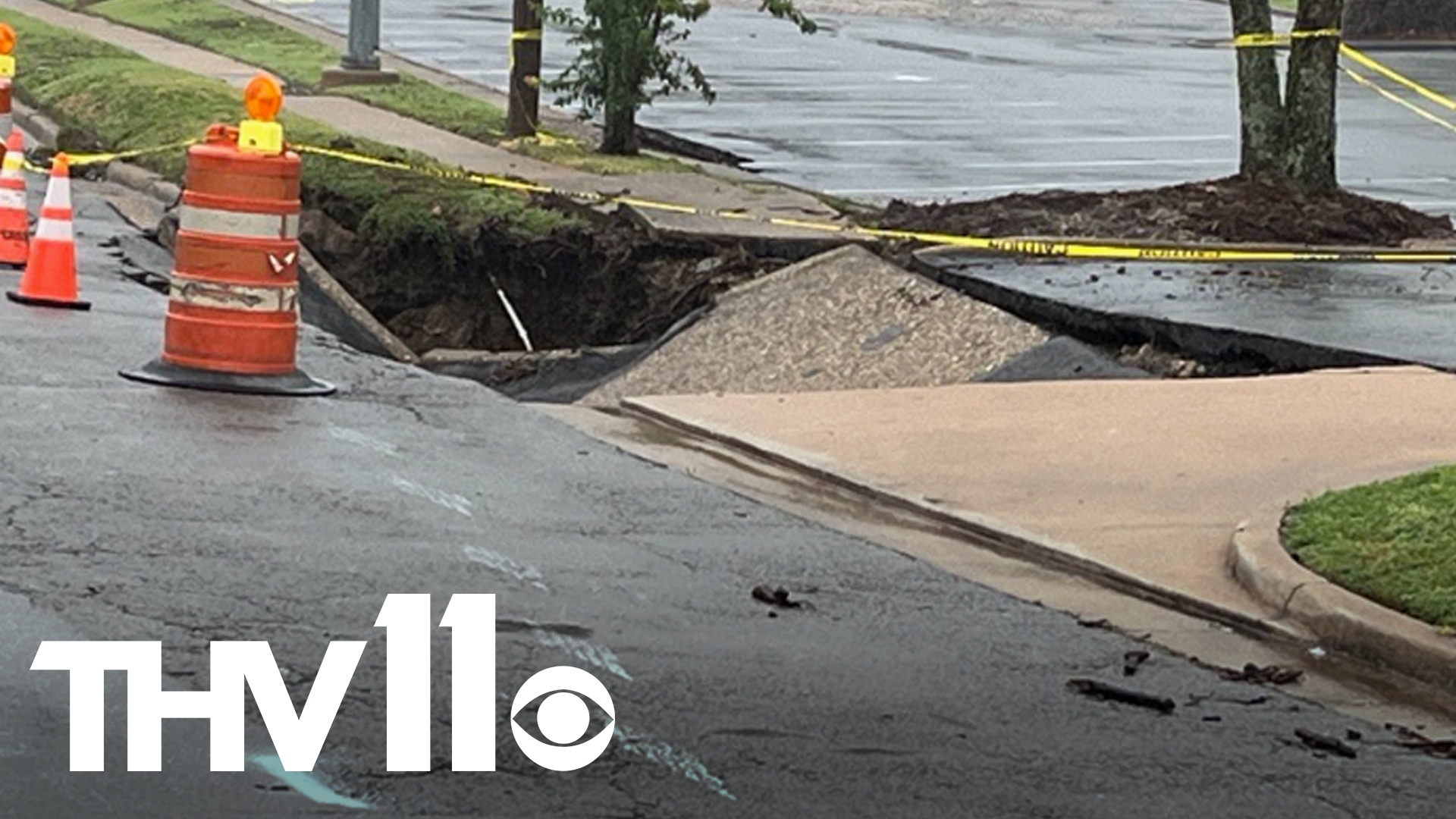 After a night of storms in Little Rock caused by tropical depression Beryl, a sinkhole was left behind along Bowman Road.