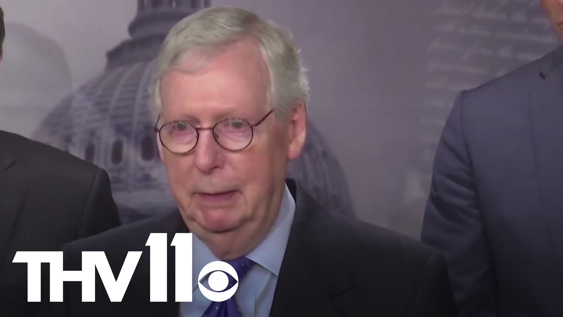 Senator Minority Leader Mitch McConnell remains hospitalized in Washington with a concussion after he tripped and fell at a private dinner in a hotel.