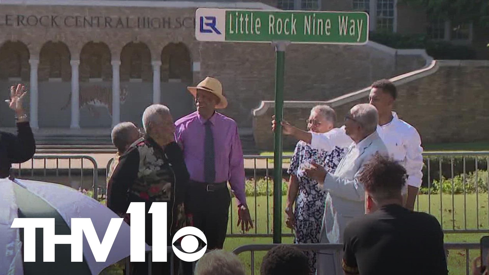 Members of the Little Rock Nine gathered outside of the Central High for the unveiling of Little Rock Nine Way on the 65th anniversary of the school's integration.