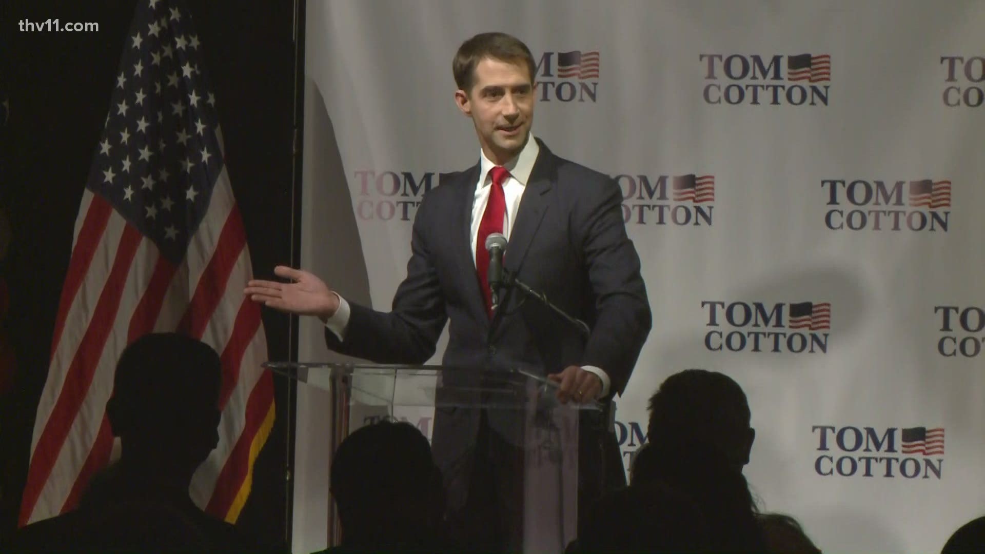 Senator Tom Cotton makes a victory speech after being re-elected to the Senate. Cotton had one challenger, Libertarian Ricky Dale Harrington Jr.