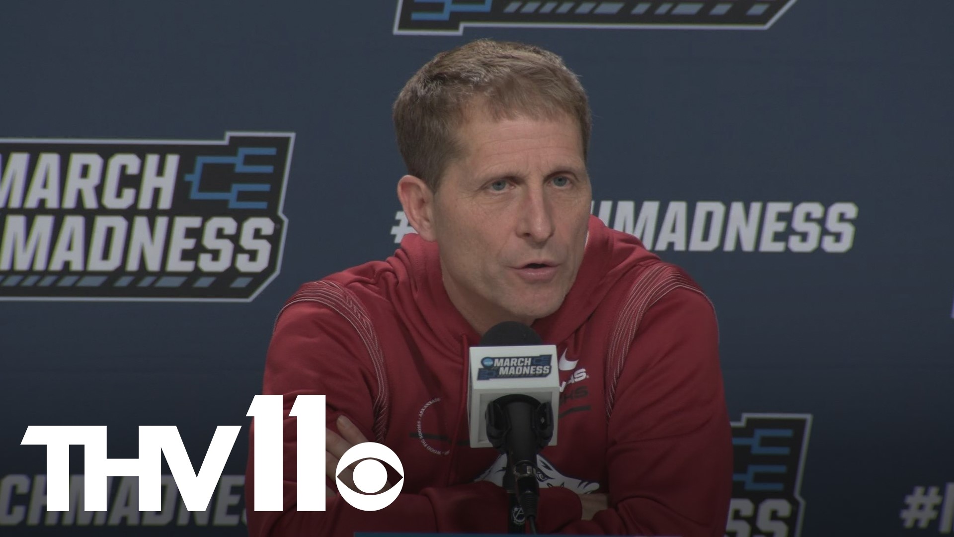 Arkansas is facing a No. 1 seed in the NCAA Tournament for a third straight year. Arkansas coach Eric Musselman discusses what the Hogs must do to upset Kansas.