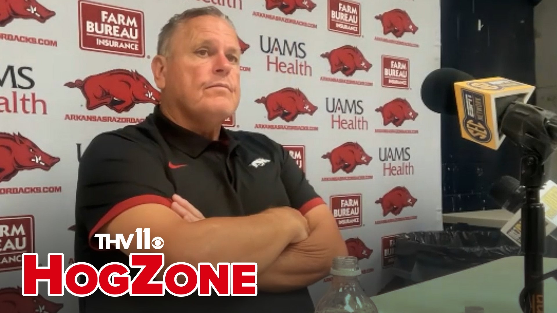 Arkansas head coach Sam Pittman speaks to the media following the Razorbacks' 27-20 loss to Ole Miss.