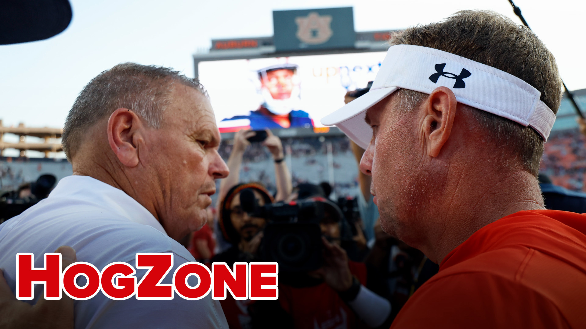 Arkansas coach Sam Pittman speaks to the media after the Razorbacks' 24-14 victory over Auburn to open SEC play.