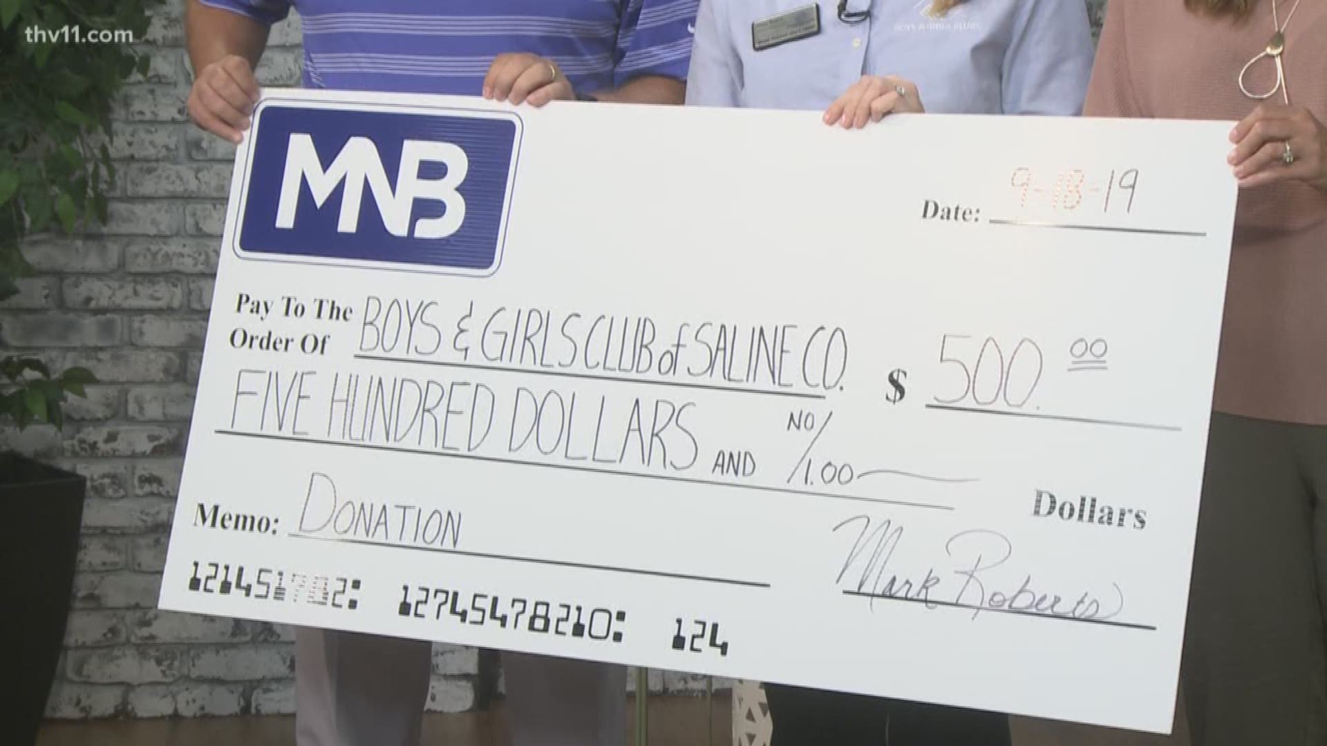 THV11 partnered with Road to a Better Community and MNB Bank to present the organization with a check. Boys and Girls Club of Saline County was recognized on Wednesday, September 18 with a $500 check.