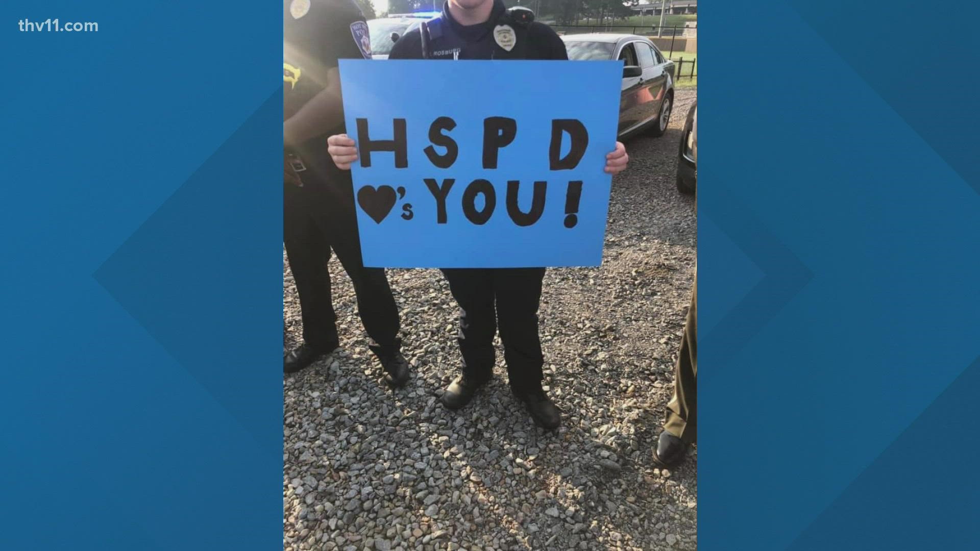 Members of the Hot Springs Police Department gathered this morning to welcome Wyatt Scrimshire to his first day of kindergarten.