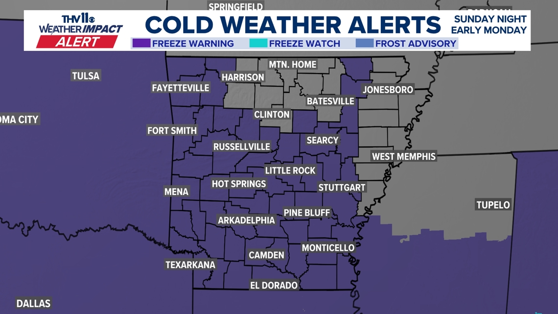 Freeze warning in effect for Central Arkansas on Sunday evening through ...