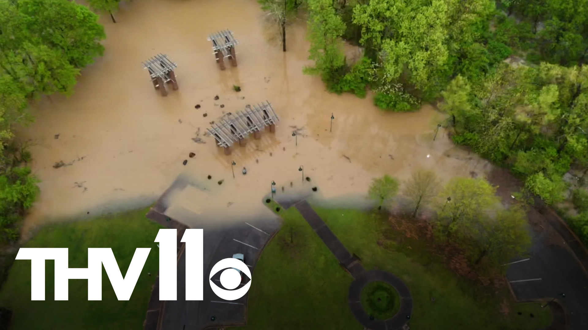 Drone footage shows extreme flooding near bridge in Arkansas | thv11.com