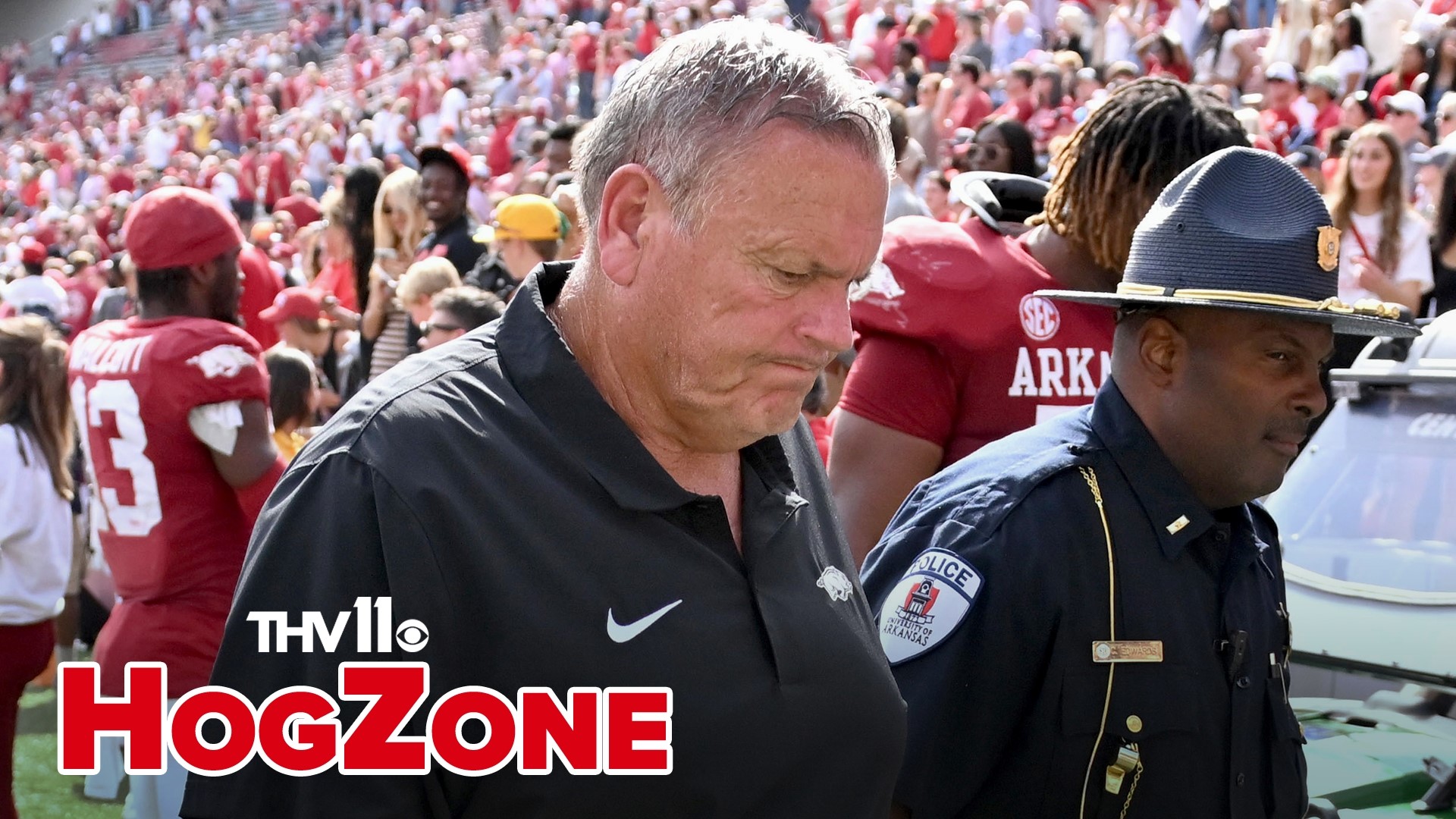 Arkansas head coach Sam Pittman meets with the media after the Razorbacks' 7-3 loss to SEC foe Mississippi State.