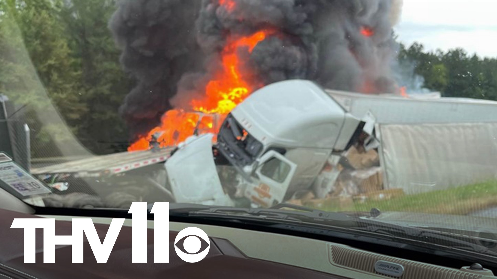 Traffic on both directions of I-30 is blocked outside of Malvern after a fiery crash involving at least eight 18-wheelers.