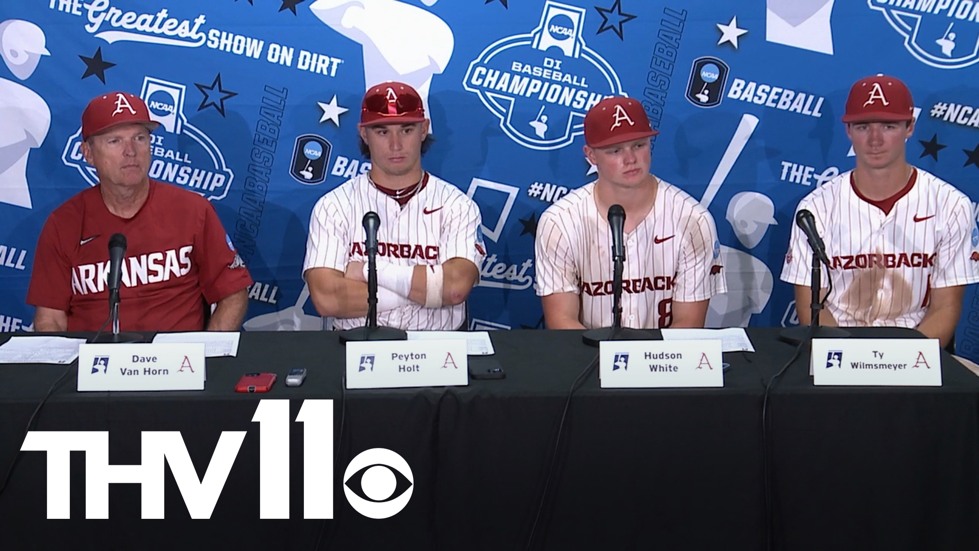 No. 5 Arkansas talks to the media after a 7-6 loss to third-seeded Kansas State in the NCAA Fayetteville Regional.