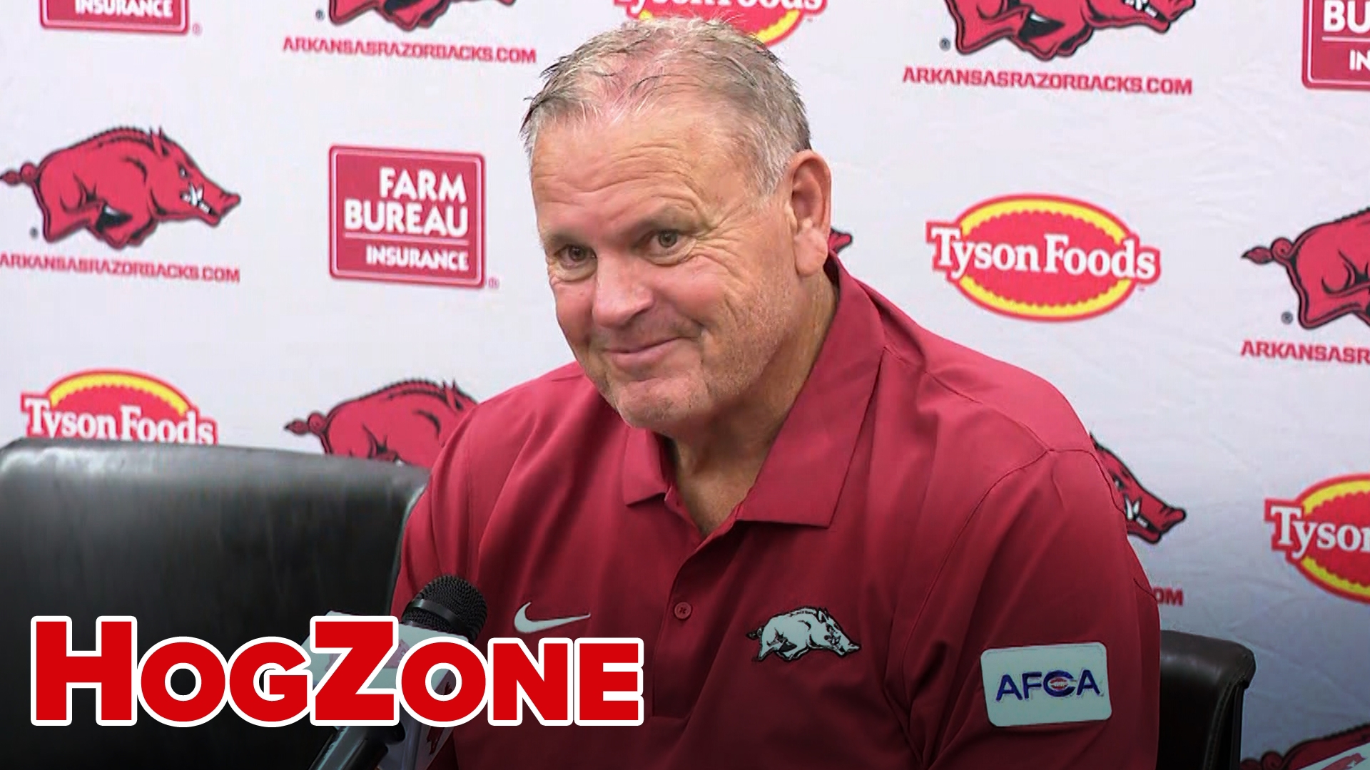 Arkansas coach Sam Pittman meets with the media after the Razorbacks’ 70-0 season-opening victory against Arkansas-Pine Bluff at War Memorial Stadium in Little Rock.