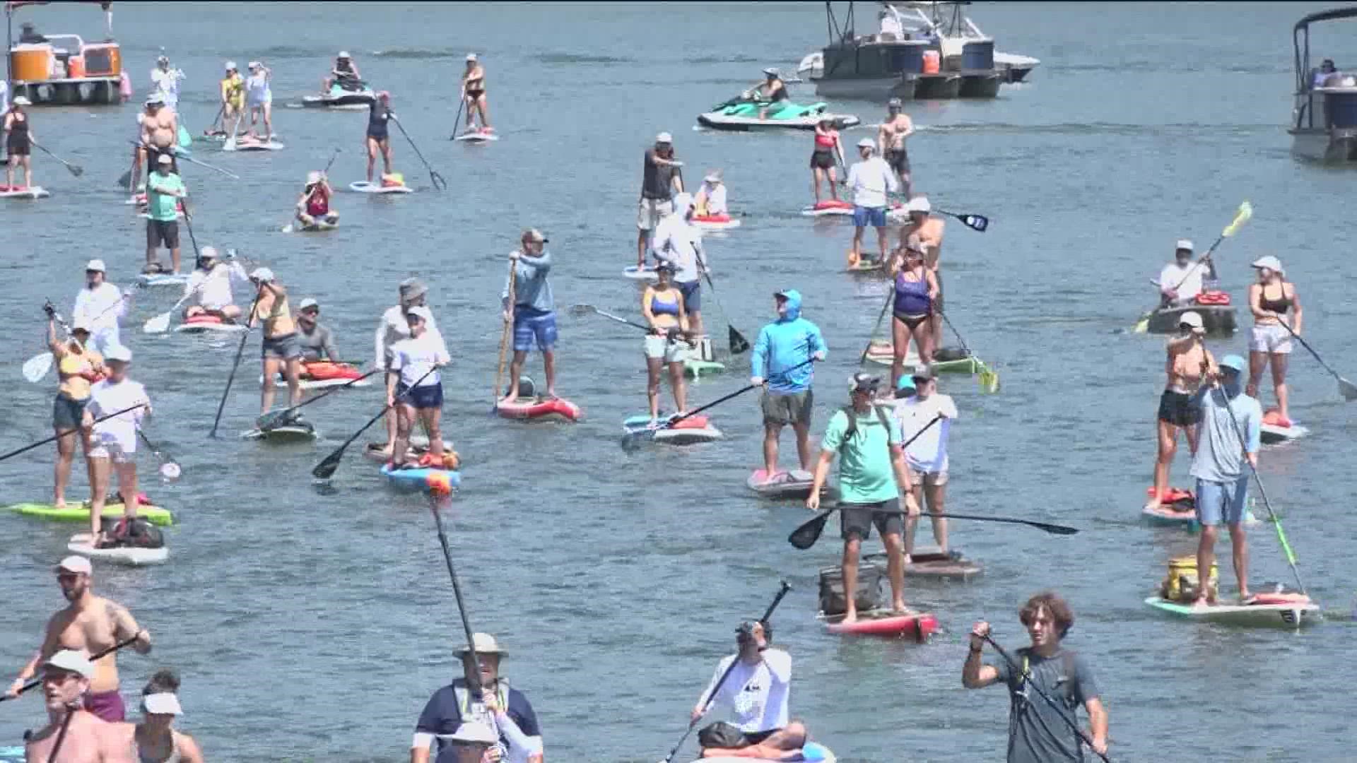 The paddlers boarded 21 miles as part of the Tyler's Dam that Cancer event.