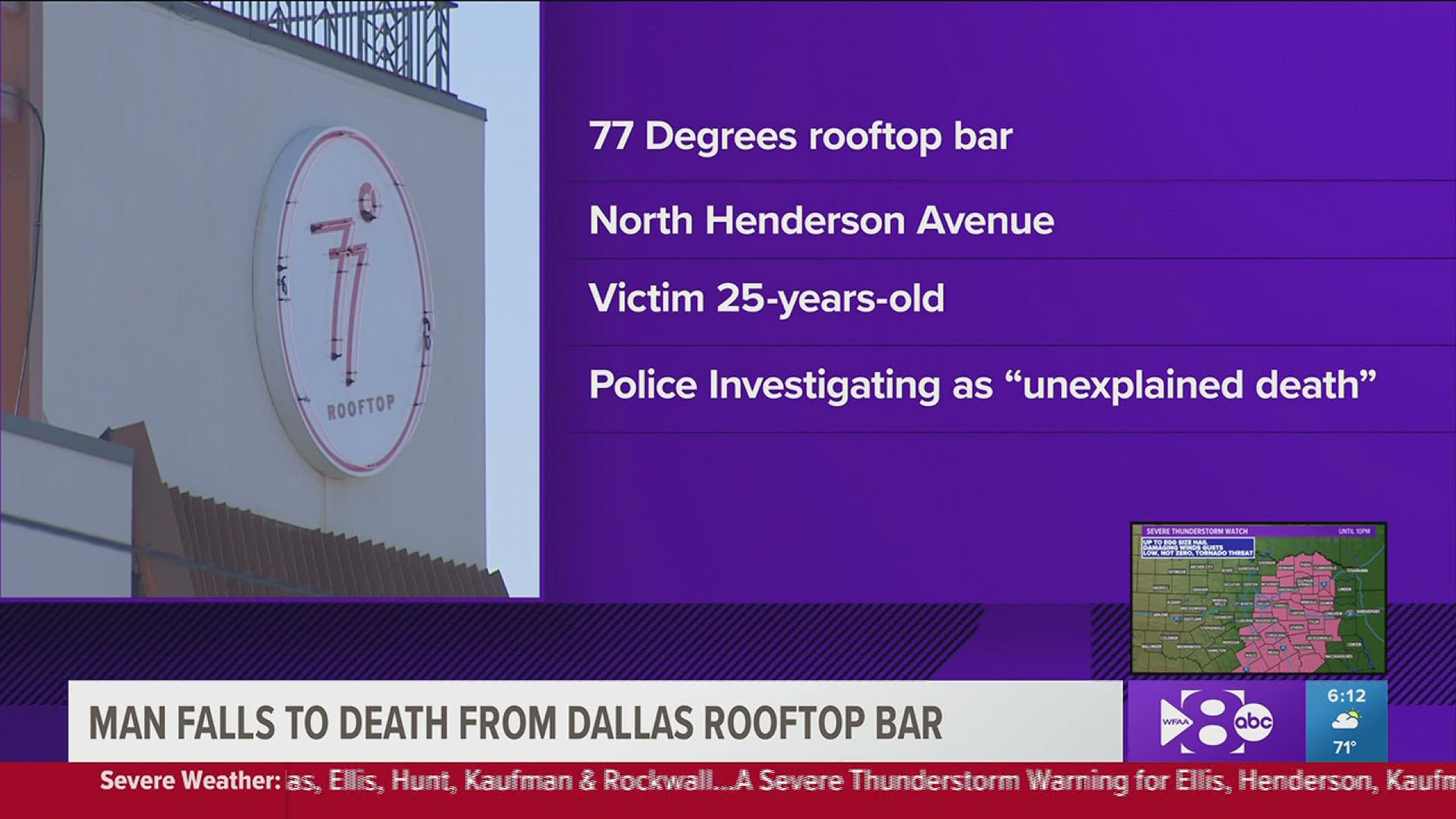 Dallas police say the incident happened at the 77 Degrees rooftop bar on North Henderson Avenue.