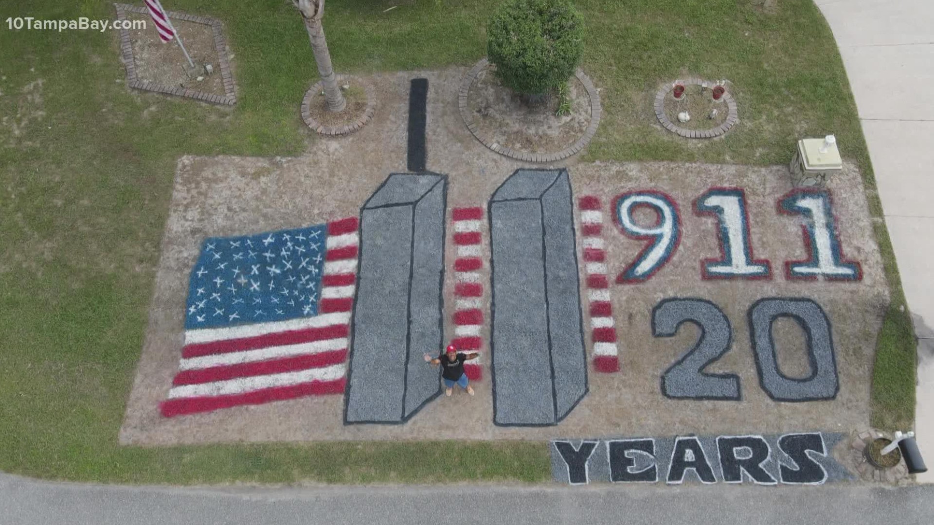 This is Diego Gomez's 15th year painting his lawn to lay respects to those who lost their lives on 9/11.