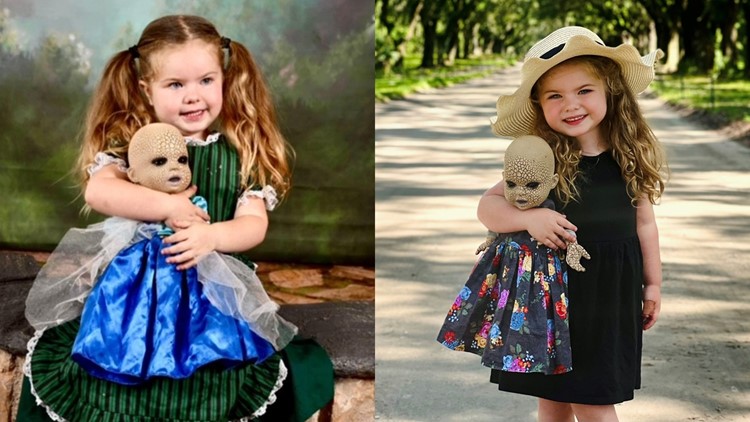 3-year-old goes viral in photos with her 'Creepy Chloe' baby doll