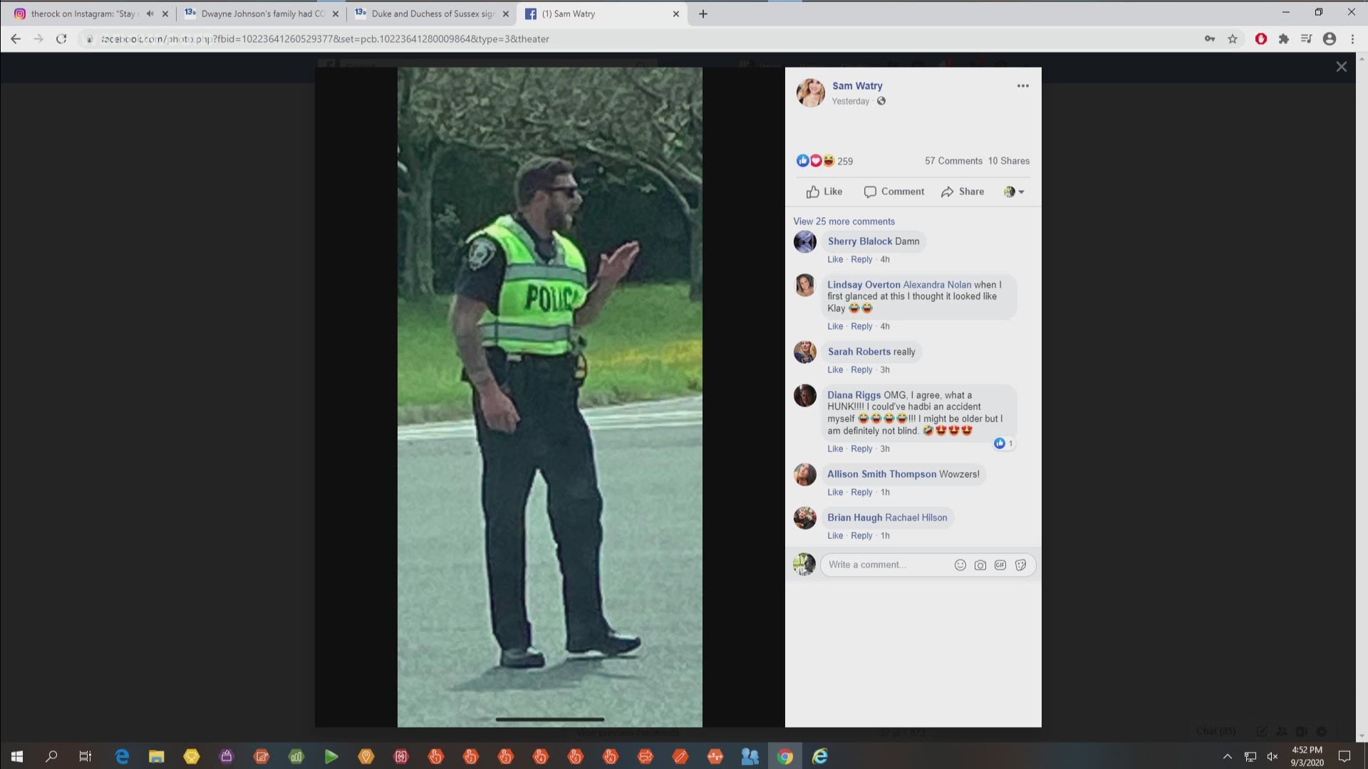 Sam Watry was at her child's teacher meet. She found herself distracted by a Chesapeake police officer directing traffic. It was because of how handsome he was.